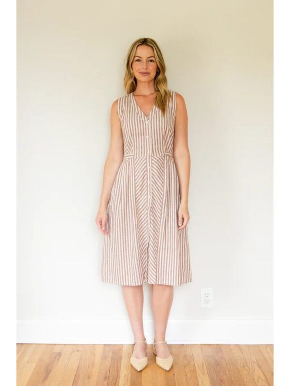Liz Alig Women's XS Beige White Striped Sleeveless Button Front Cotton Dress
